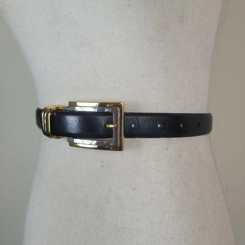 Perry Ellis Belt Small Black Leather Slim Minimalist Tailored 90s Elevated Retro
